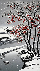 重彩肌理国潮冬天雪景红梅中式建筑插画