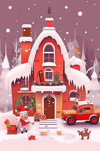 红色易拉宝插画图片_圣诞节海报小木屋雪山手绘插画