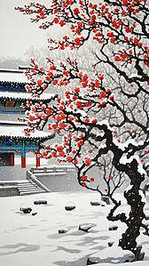 国潮冬天插画图片_重彩肌理国潮冬天雪景红梅中式建筑插画