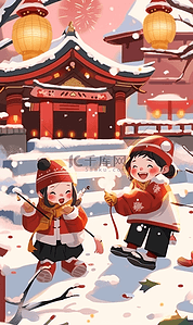 喜庆新年鞭炮插画图片_新年鞭炮雪景喜庆插画