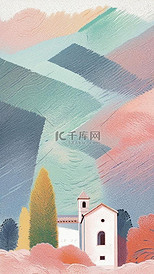 肌理磨砂点彩噪点色块插画乡村村镇城镇风景