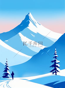 插画风景冬天雪山扁平极简滑雪月亮森林旅游