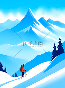 滑雪插画图片_插画风景冬天雪山扁平极简滑雪月亮森林旅游