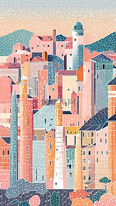 .色块插画图片_肌理磨砂点彩噪点渐变色块插画城市城堡风景