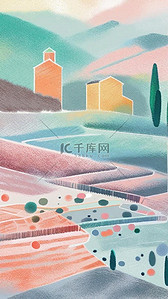 粉色磨砂质感背景插画图片_肌理磨砂点彩噪点色块插画乡村村镇城镇风景