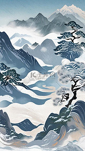 蓝色山峰插画图片_蓝色国潮国风山水插画