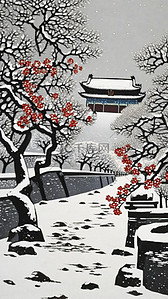 国潮梅花插画图片_重彩肌理国潮冬天雪景红梅中式建筑插画