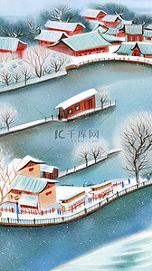 卡通蜡笔彩墨肌理冬天湖边雪景插画