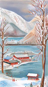 蜡笔肌理插画图片_卡通蜡笔彩墨肌理冬天湖边雪景插画