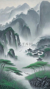 磨砂纹理蓝色插画图片_中国风肌理磨砂静谧冬天山水插画