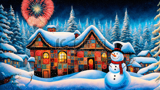 雪人圣诞节新年冬天插画焰火