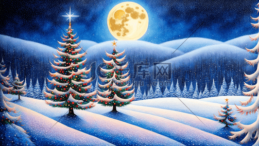 圣诞树月亮冬天夜晚风景蓝色白色插画