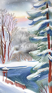 卡通蜡笔彩墨肌理冬天雪景插画4