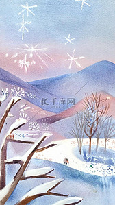 冬天雪景场景插画图片_卡通蜡笔彩墨肌理冬天雪景插画2