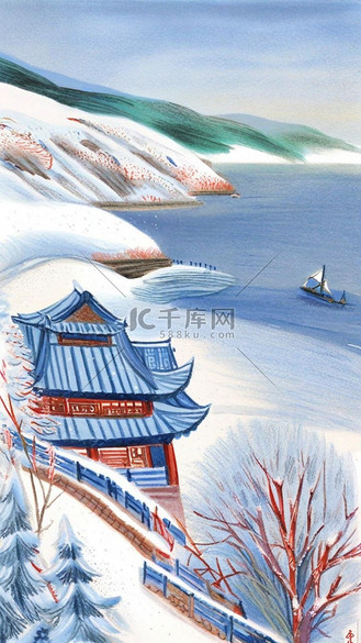 卡通蜡笔彩墨肌理冬天雪景插画8