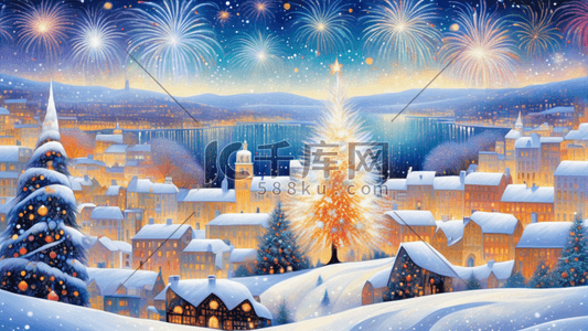 新年数字插画图片_城市圣诞新年焰火夜景温暖