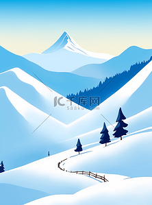雪景雪山冬天滑雪森林阳光蓝色白色极简插画