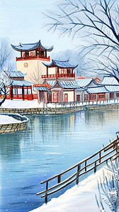 绘画画卡通插画图片_卡通蜡笔彩墨肌理冬天湖边雪景插画2