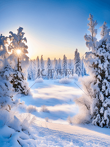 森林雪地森林插画图片_冬天风景雪地森林天空白云写实阳光
