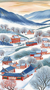 卡通蜡笔彩墨肌理冬天雪景插画5