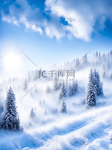 森林雪地森林插画图片_冬天风景雪地森林天空白云写实阳光
