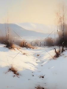 冬天风景唯美插画艺术风格雪地草地阳光雪树