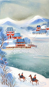 卡通蜡笔彩墨肌理冬天湖边雪景插画