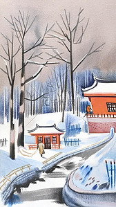 情亲蜡笔画插画图片_卡通蜡笔彩墨肌理冬天雪景插画