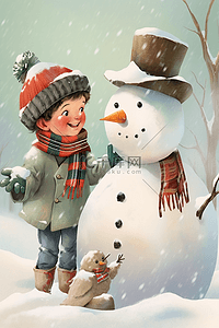 冬天可爱男孩雪人插画手绘