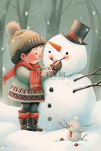 冬天可爱的雪人插画图片_冬天可爱男孩雪人插画手绘