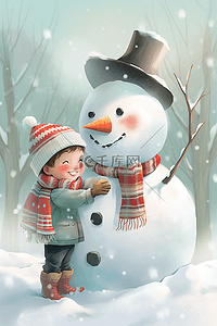 冬天可爱男孩手绘插画雪人