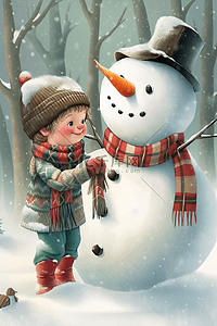 冬天可爱背景插画图片_冬天可爱男孩手绘雪人插画