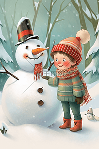 可爱手绘雪人插画图片_冬天插画可爱男孩雪人手绘