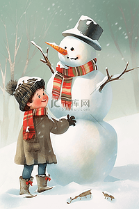 冬天可爱男孩手绘雪人插画