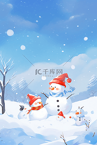 松树卡通插画图片_冬天海报松树雪人手绘插画