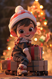 礼盒圣诞节可爱男孩3d立体插画