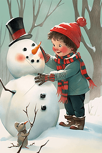冬天可爱的雪人插画图片_冬天可爱男孩雪人手绘插画