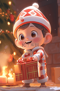 ip人物插画图片_圣诞节礼盒可爱男孩3d立体插画
