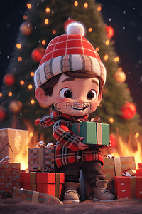 可爱格子插画图片_3d圣诞节可爱男孩礼盒立体插画