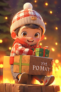 0数字插画图片_圣诞节可爱男孩立体礼盒3d插画
