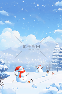 一个雪人插画图片_冬天手绘海报雪人松树插画