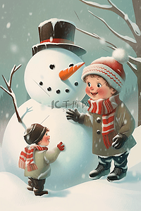 冬天可爱背景插画图片_冬天可爱男孩插画雪人手绘