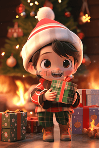 可爱男孩礼盒3d圣诞节立体插画