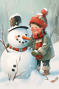 可爱手绘雪人插画图片_插画冬天可爱男孩雪人手绘