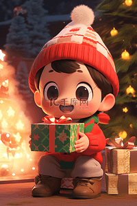 ip人物插画图片_圣诞节3d可爱男孩礼盒立体插画