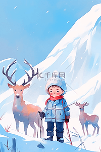 冬天唯美男孩插画海报小鹿