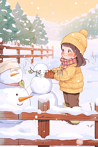 冬天手绘女孩堆雪人插画海报