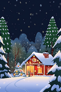 暗色的背景插画图片_冬天圣诞节松树房屋海报插画