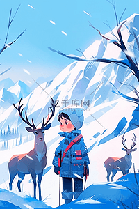 蓝的雪花插画图片_冬天唯美男孩海报小鹿插画