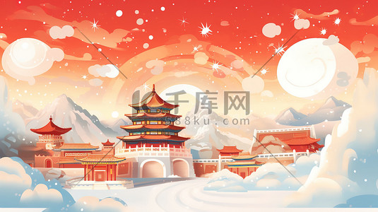 烟花4插画图片_灿烂烟火的古庙庆祝新年4